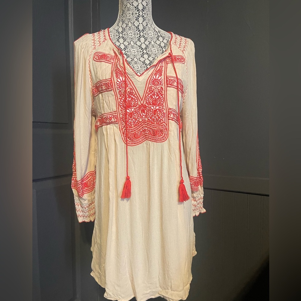 Free People Cream and Red Long Sleeve Dress
